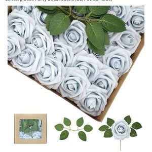 50Pcs Powder Blue Artificial Flowers Roses Real Looking Foam Fake Roses with Lea